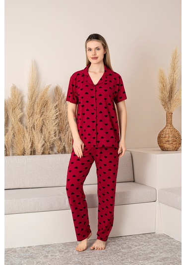 Nisanca Kısa Kollu Milan Gömlek Pijama Takımı- Genç Anne Serisi Bordo
