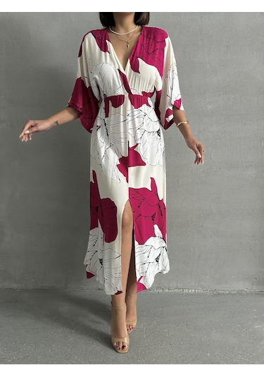 Kadın Kruvaze Yaka Yırtmaçlı Uzun Yazlık Elbise Fuşya - Beyaz