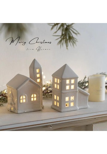 Neevoyu Keramik Led Ev Figürü, Yumuşak Işık Noçturnu, Dekoratif Ev Tatlısı, Hediyelik Ithalatlı Ürün Beyaz