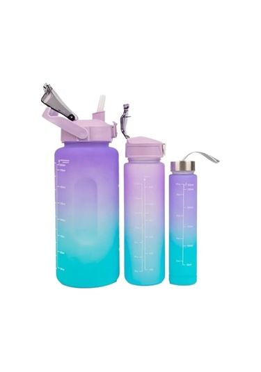 Vaeske Motivasyonel Su Matarası 3'lü Set Mavi - Mor 2000 Ml + 800 Ml + 300 Ml Mavi - Mor