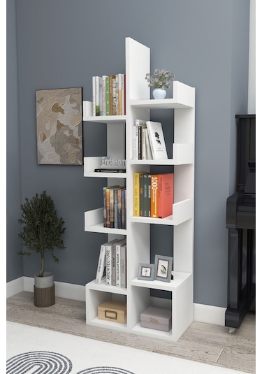 Gemini 10 Bölmeli Raflı Dekoratif Kitaplık Ofis Kitaplığı Dolap Evrak Rafı Ev Ofis Rafı - Beyaz