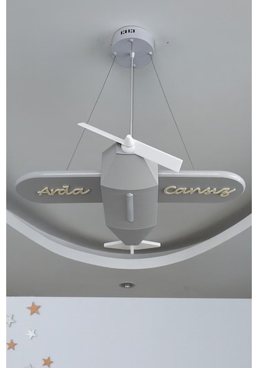 Uçak Temalı Entegre Led Çocuk Odası Sarkıt Avize 70x80cm Kişiye Özel Tasarım, El Yapımı Görünüm Gri Gri