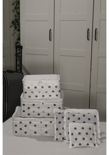 Adarya Home Puantiye Desen Valiz Düzenleyici Bavul İçi Organizer Set 6'lı Beyaz