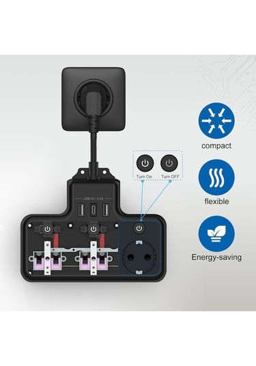 Novahub Qianfan Dörtlü Priz Bağımsız Anahtar 3 Soket+3 Usb Şarj