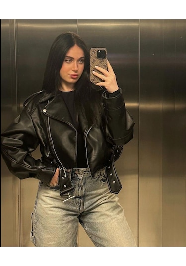 Prifaldi Suni Deri Crop Bıker Ceket Siyah