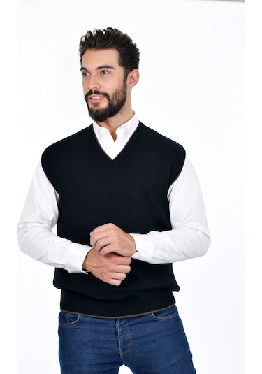 Kamalı Siyah Erkek Çelik Örgü Intersiye Kışlık Kalın Triko V Yaka Triko Örgü Tüylenmez Süveter Siyah