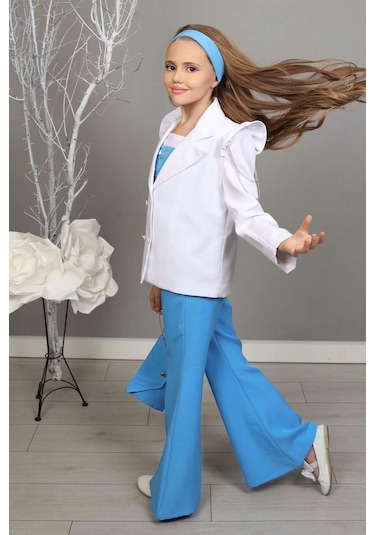 Riccotarz Kız Çocuk Zincir Ve Omuzu Fırfırlı Blazer Ceket Ve İspanyol Paça Mavi Pantolon Alt Üst Takım 001