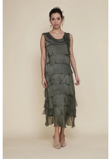 Italyan 2 Beden İnce Gösteren Kat Kat Kolsuz Ipek Elbise Koyu Haki