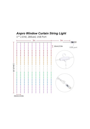 Lemestar 280 Led Renkli Bakır Tel Işıklı Perde, 8 Aydınlatma Modu, Usb Ve Uzaktan Kumanda Kontrolü, Ev Dekorasyon Işıklı Sürekli, Odalar Ve Noel Ağaçları İçin Kumanda Pil Dahil Diğer