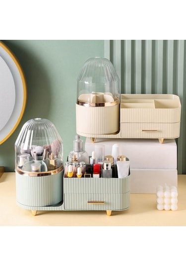 Novahub Adet Büyük Çekmeceli, Kapaklı, Krem Rengi, Döner Bölmeli Kozmetik Saklama Kutusu Bej Bej