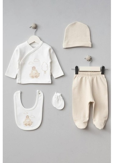 Bebitof %100 Pamuk Bulutlu Araba Desenli 5 Parça Yenidoğan Hastane Çıkışı Zıbın Seti Bbtf.krm.20109 Krem