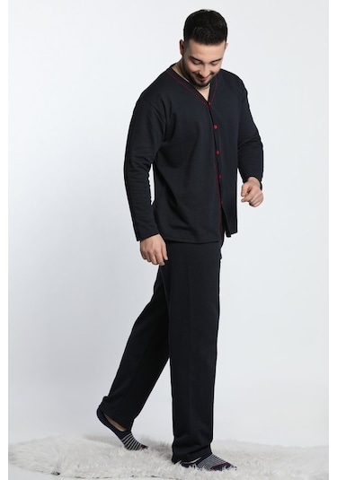 Lukitus Uzun Kollu Önden Düğmeli Erkek Pijama Takımı Lacivert Siyah