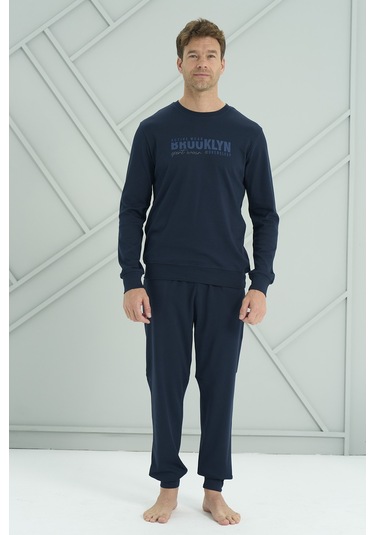 Erkek Interlok Penye Uzun Kol Pijama Takımı 2221 Lacivert Lacivert