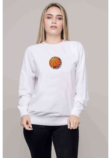 Basketball Clipart With Splatter Baskılı Beyaz Kadın Sweatshirt