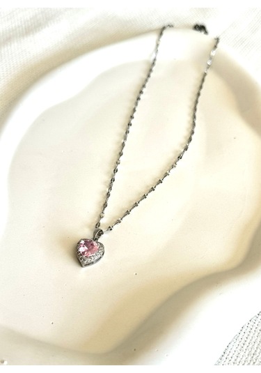 Demokan Zirkon Taş Yıldız Zincir Kalp Kararmaz Kolye Pembe
