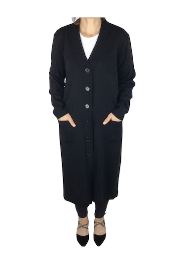 Kadın Büyük Beden Düğmeli Mevsimlik Hırka Siyah