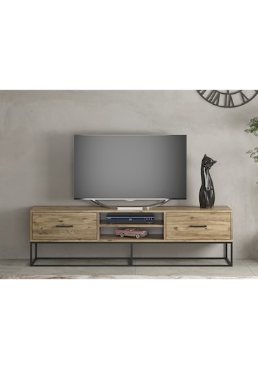 Asos 2 Çekmeceli Raflı Metal Ayaklı Tv Sehpası - Atlantik Çam Bej