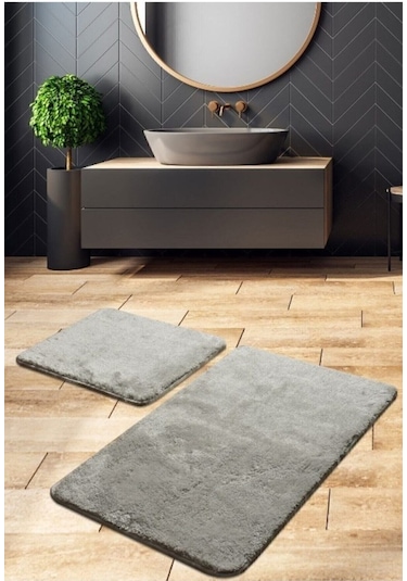 Saraz Halı Puffy Yumuşak Banyo Paspas 2'li Kaymaz Ekstra Yumuşak Antrasitgri Gri