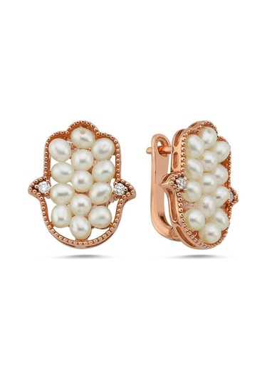 Fatma Elli Doğal İnci 0,18 Karat Pırlanta Küpe Rose Gümüş