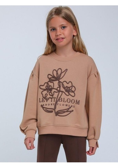 Kız Çocuk Çiçek Nakışlı Sweatshirt-14248 Kahverengi