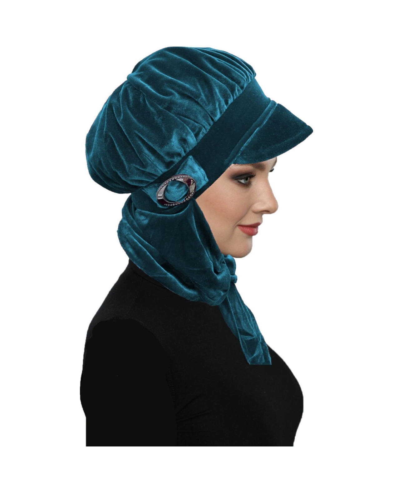 Kadife Şapka Atkılı Toka Detaylı Petrol Hazır Türban Tesettür Bone Petrol