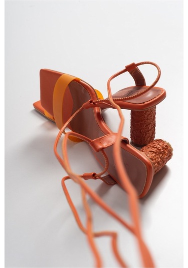Tanya Turuncu Cilt Şeffaf Bantlı Bağcıklı Kadın Topuklu Sandalet Turuncu