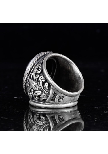 İslami Erkek Yüzüğü, Hat Sanatı Tasarımı, Oniks Taşlı Sterlin Gümüş Dinî Yüzük Gümüş