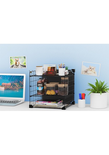 Aparatlı 3 Katlı Çelik Duvar Rafı - Dayanıklı Ve Ayarlanabilir Tel Tasarım Siyah