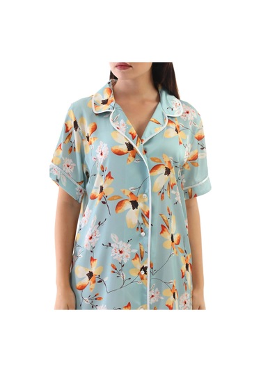 Laperissa Kadın Çiçek Desenli Saten Dokuma Düğmeli Gömlek Gecelik Çok Renkli