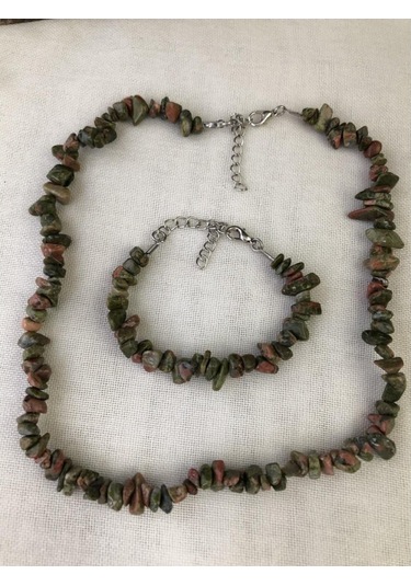 Unakit Taşı Kırık Taş Kolye ve Bileklik Seti - Burç Taşı