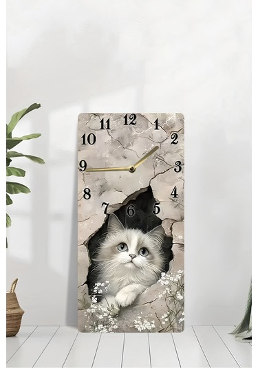 Uv Baskı Mdf Tablo Saat 30x60 Cm Sevimli Kedi Desenli Usd249 Ahşap Saat Usd249