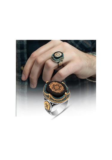 Alyans Evim  Mührü  Süleyman İşleme Sıkma Kehribar Taşlı 925 Gümüş Erkek Yüzük
