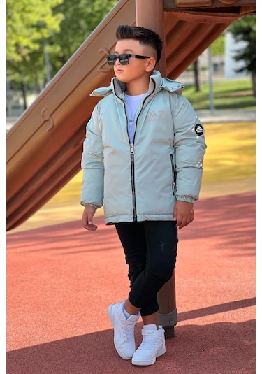 Erkek Çocuk Çıkarılabilir Kapüşonlu Baskılı Yakası Detaylı Kışlık Mont Km3501 Mint