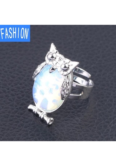 Opal Metal Baykuş Dışbükey Doğal Kristal Kakma Ayarlanabilir Yüzük Çok Renkli