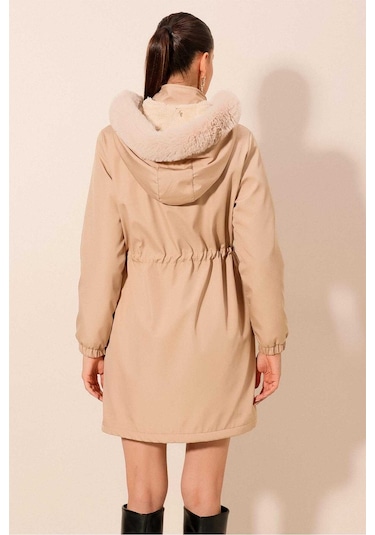 Gabria Kapüşonlu Kaban Bej