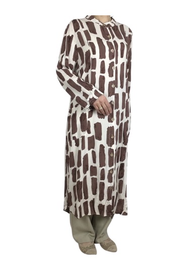 Kadın Önden Düğmeli Cepli Uzun Tunik Gömlek Vizon