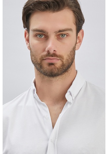 Imza Beyaz Desenli Oxford Polo Yaka Cepli Casual Slim Fit Dar Kesim Tişört 1011240178-Beyaz