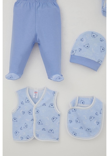 Breeze Erkek Bebek Hastane Çıkışı 8 Li Sevimli Ayıcık Figürlü Yıldız Desenli 0-3 Ay, Mavi Mavi
