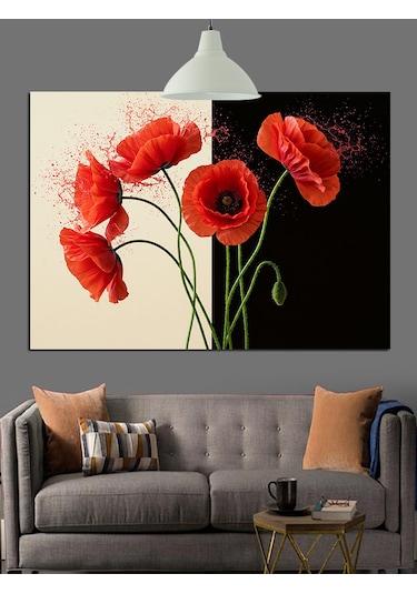 Kırmızı Haşhaş Çiçekleri Sapları Dekoratif Kanvas - Mdf Ahşap Tablo