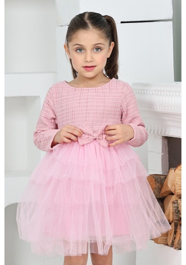 Kız Çocuk Çift Kat Tüllü Ve Fiyonklu Elbise 12172 Pembe