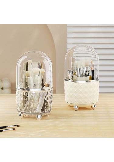 Symbee Plastik Döner Makyaj Fırçası Kutusu - 6 Bölmeli, Kapaklı, Toz Koruyucu, Masaüstü Organizer Şeffaf Gümüş Şeffaf