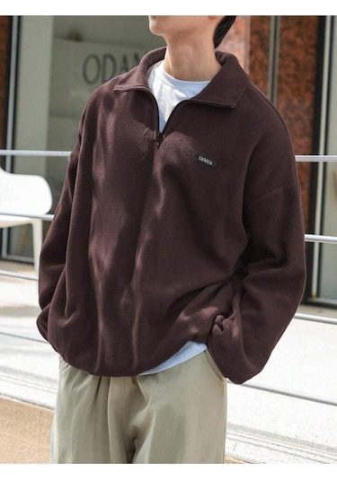 Genıus Store Erkek Polar Oversize Sweatshirt Polar Sweatshirt Kahverengi