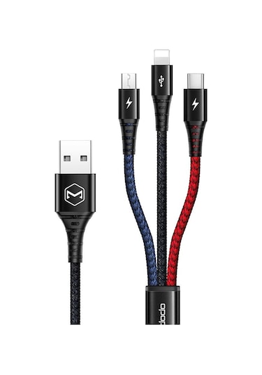 Mcdodo CA-6220 3in1 Lightning+Micro USB+Type-C Çoklu Şarj Kablosu 2.4A 1.2 M Siyah