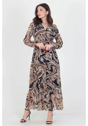 Dipmoda Kadın Kruvaze Yaka Bağlama Detaylı Eteği Fırfırlı Uzun Şifon Elbise Kts003 Camel/siyah