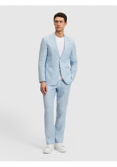 Cacharel Açık Mavi Slim Fit %100 Keten Mikro Desen Mono Yaka Ceket Denim