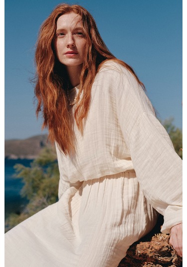 Müslin Beli Büzgülü Elbise Ekru Ekru