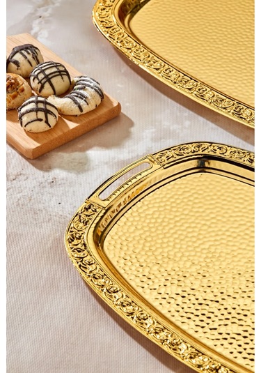 Cooker 2'li Paslanmaz Çelik Sunum Servis Tepsisi 40x70 Cm Sarı