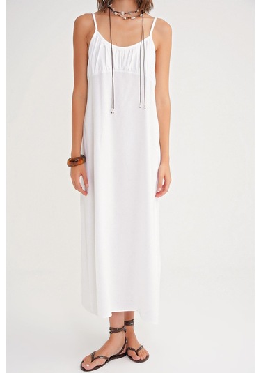 4742 Kadın İp Askılı Büzgü Detaylı Midi Elbise Beyaz Beyaz