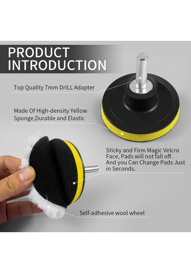 Ximistore9 3 İnç 7 Parça Yün Cila Disk Seti - Otomobil Cila/waxlama İçin - M10 Matkap Adaptörü Dahil