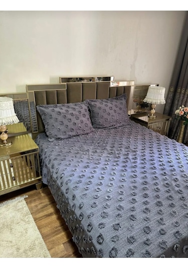 Ponpon Desenli 3 Parça Çift Kişilik Yatak Örtüsü Antrasit